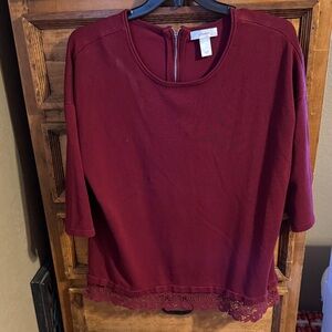 CJ Banks Women's Deep Red Blouse with Lace Trim